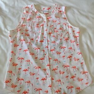 Soho Jeans White Sleeveless Top with Pink Flamingos Size Small Two Front Pockets
